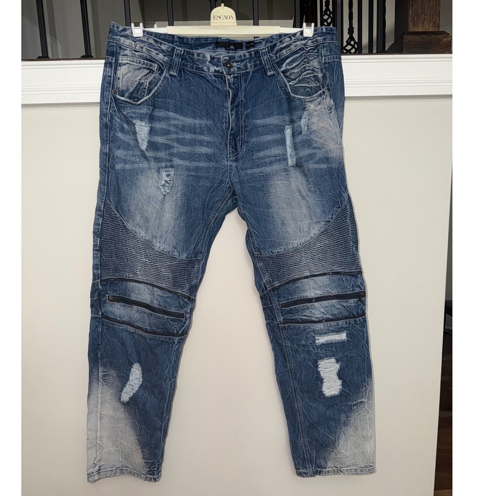 Decibel Mens‎ Blue Distressed Biker Moto Jeans Heavy Wash Ribbed Knee 42x32